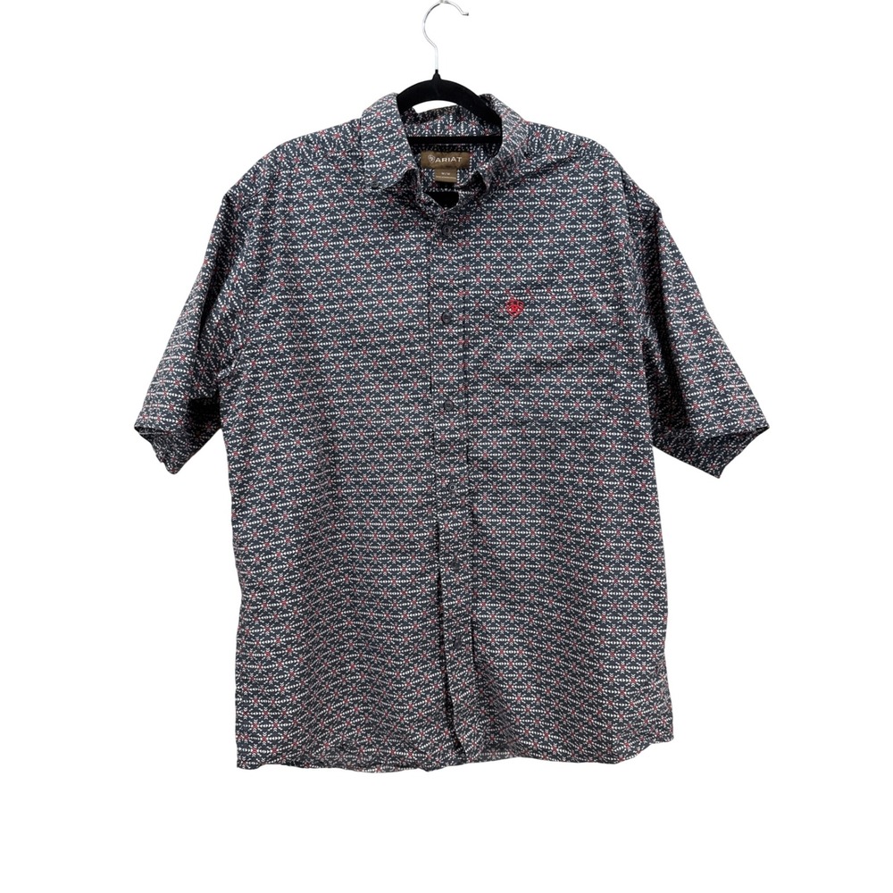 Ariat Mens Geometric Print Short Sleeve Button Down Western Shirt Navy Red M